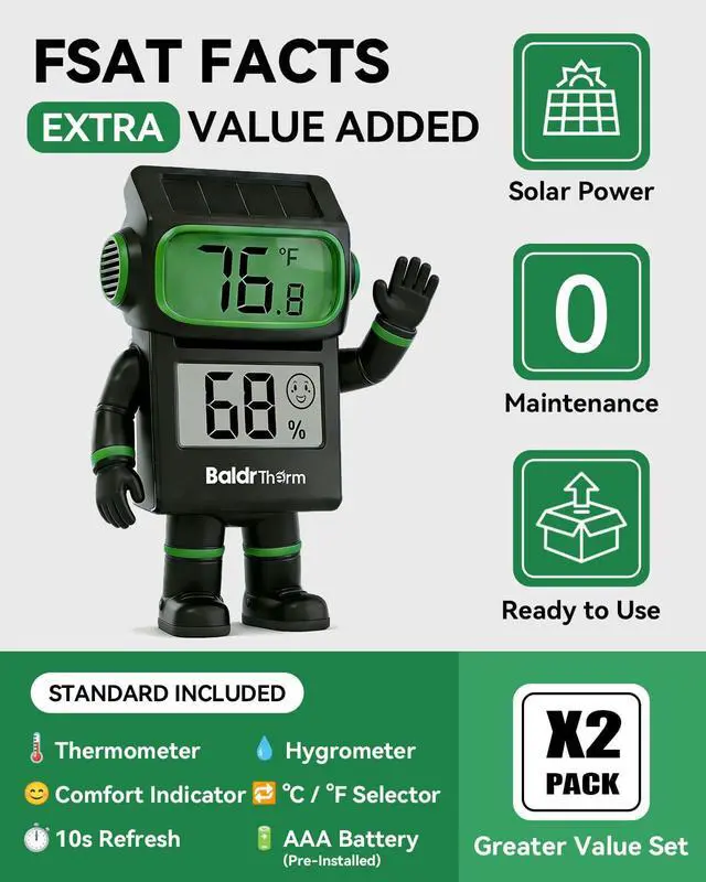 Alt view image 2 of 6 - 2-Pack Digital Hygrometer Thermometer, Solar Power with Battery Backup Temperature and Humidity Monitor, Mini Room Thermometer with Comfort Indicator (Black)
