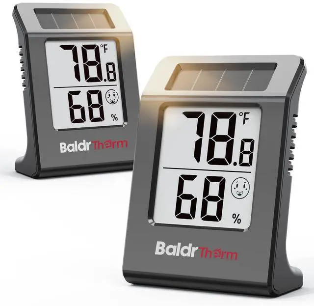 Main image of 2-Pack Digital Hygrometer Thermometer, Solar Power with Battery Backup Temperature and Humidity Monitor, Mini Room Thermometer with Comfort Indicator (Black)