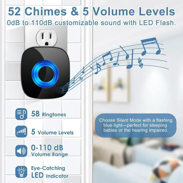 Alt view image 2 of 7 - Wireless Doorbell, Classroom Door bell Chimes with Mute Mode - 58 Ringtones&5 Volume Levels Operating at 1300-ft Range LED Strobe, 2 Transmitters+3 Receivers Waterproof Doorbell Kit for Home
