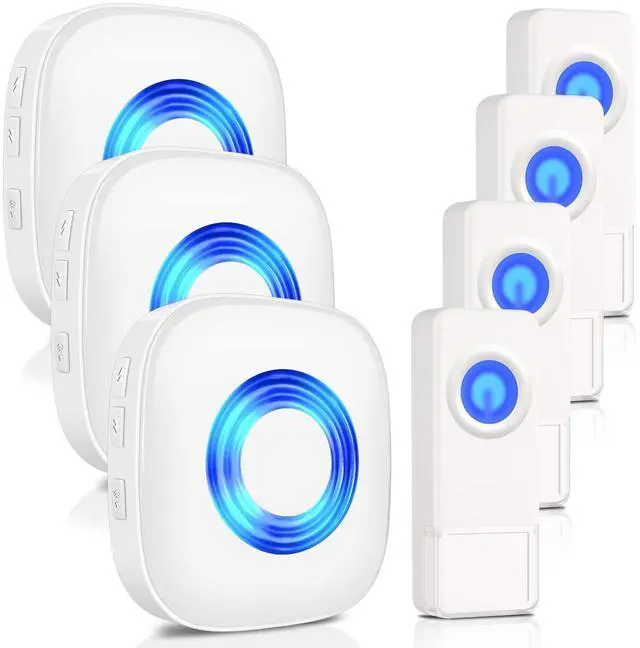 Main image of Wireless Door Bell, Waterproof Doorbell Chimes for Home Operating at over 1300-ft Range 58 Doorbell Ringer 5 Volume Levels LED Strobe Door Bell kits with 4 Push Buttons & 3 Receivers