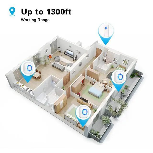 Alt view image 7 of 7 - Wireless Door Bell, Waterproof Doorbell Chimes for Home Operating at over 1300-ft Range 58 Doorbell Ringer 5 Volume Levels LED Strobe Door Bell kits with 4 Push Buttons & 3 Receivers
