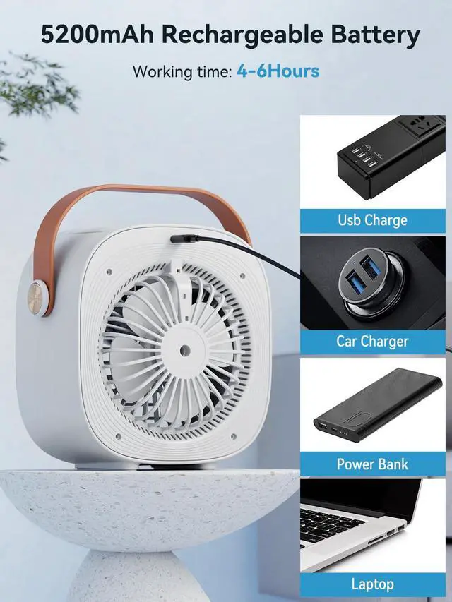 Alt view image 5 of 7 - Portable Air Conditioner -5200mAh Rechargeable Mini Air Conditioner with 3 Speed Settings, 5-10 Hours Runtime,Quiet Desk Cooling Fan, Personal Air Cooler for Home, Bedroom, Travel, Office, Outdoor