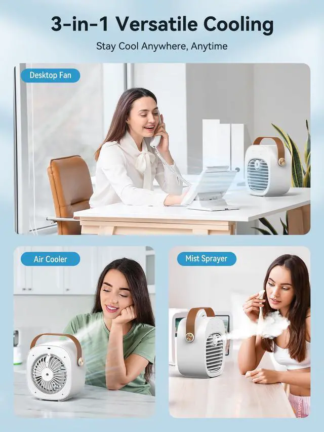 Alt view image 4 of 7 - Portable Air Conditioner -5200mAh Rechargeable Mini Air Conditioner with 3 Speed Settings, 5-10 Hours Runtime,Quiet Desk Cooling Fan, Personal Air Cooler for Home, Bedroom, Travel, Office, Outdoor