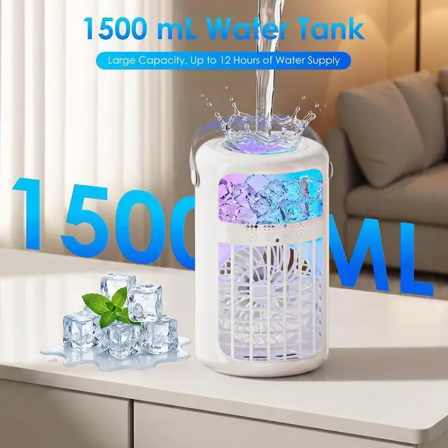 Alt view image 3 of 7 - Portable Air Conditioners, Powerful Evaporative Air Cooler, 4-in-1 Personal AC Fan, 1500ML Tank, 3 Speeds & 2 Mist Modes, Remote, USB-C Cooling for Bedroom Office Camping