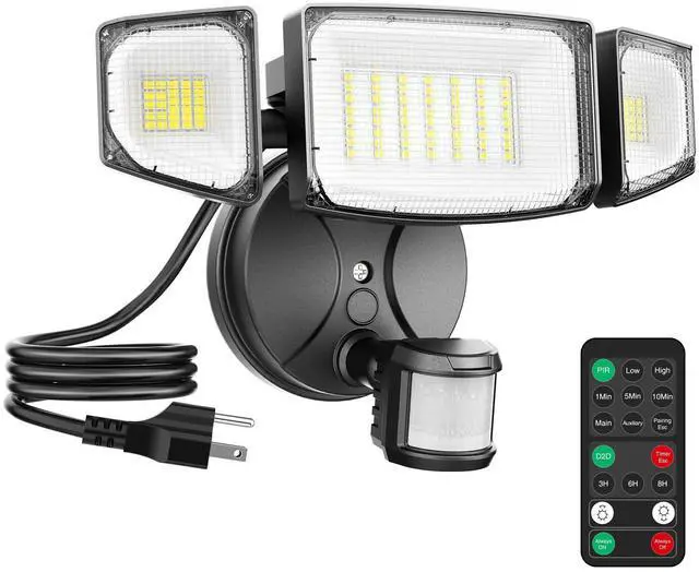 Main image of 65W 6500LM Motion Sensor Outdoor Light, Plug In LED Security Lights 3 Heads Motion Detection Outdoor Light, Dusk to Dawn, IP65 Waterproof Flood Light with Remote Control for Yard Garage(Black)