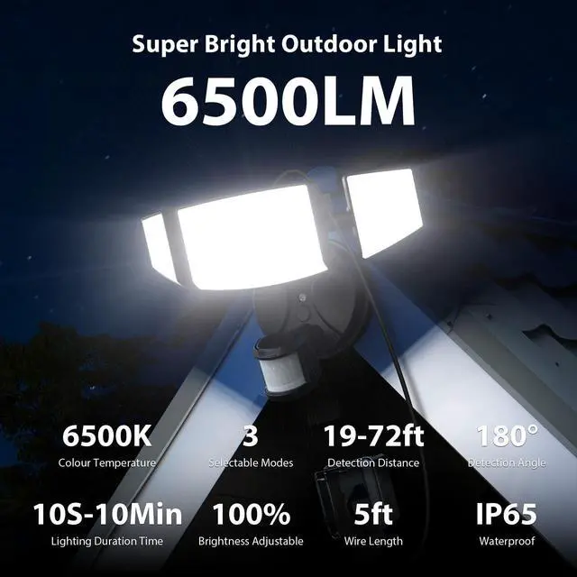 Alt view image 2 of 7 - 65W 6500LM Motion Sensor Outdoor Light, Plug In LED Security Lights 3 Heads Motion Detection Outdoor Light, Dusk to Dawn, IP65 Waterproof Flood Light with Remote Control for Yard Garage(Black)