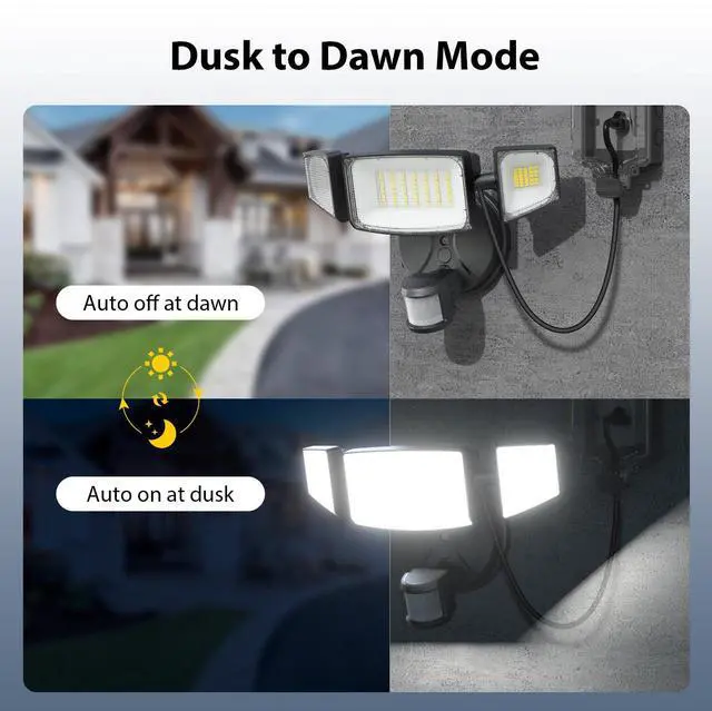 Alt view image 4 of 7 - 65W 6500LM Motion Sensor Outdoor Light, Plug In LED Security Lights 3 Heads Motion Detection Outdoor Light, Dusk to Dawn, IP65 Waterproof Flood Light with Remote Control for Yard Garage(Black)