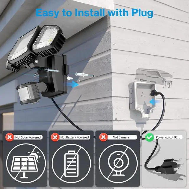 Alt view image 2 of 7 - 70W Motion Sensor Outdoor Light Plug in, Motion Flood Light Dusk to Dawn, 7000LM LED Security Light IP65 Waterproof, Motion Activated 6500K PIR Sensor Lighting for Garage Yard Patio Eave, Black