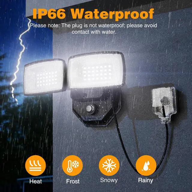 Alt view image 4 of 7 - 32W 3200LM Dusk to Dawn Outdoor Lighting,6500K Dual Heads Plug in Flood Light,Black Outdoor Lighting,IP66 Waterproof LED Security Lights for Garage,Yard,Outside