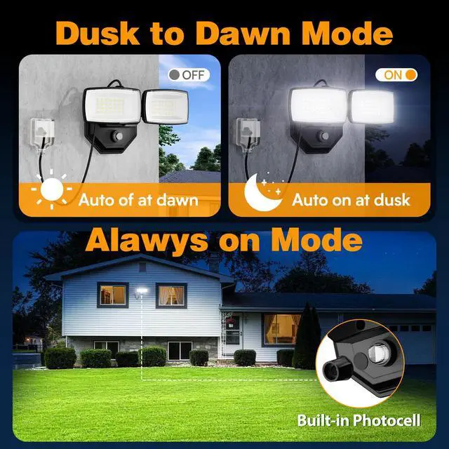Alt view image 3 of 7 - 32W 3200LM Dusk to Dawn Outdoor Lighting,6500K Dual Heads Plug in Flood Light,Black Outdoor Lighting,IP66 Waterproof LED Security Lights for Garage,Yard,Outside