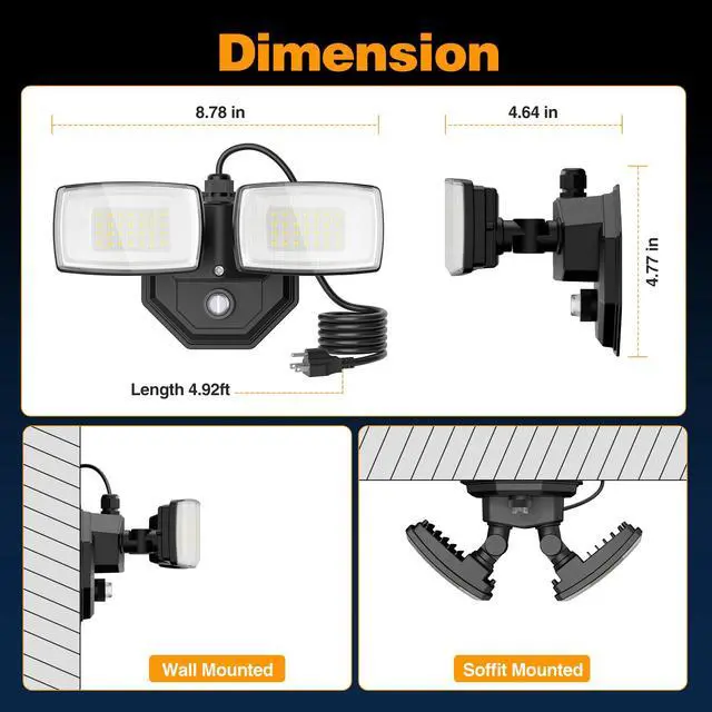 Alt view image 6 of 7 - 32W 3200LM Dusk to Dawn Outdoor Lighting,6500K Dual Heads Plug in Flood Light,Black Outdoor Lighting,IP66 Waterproof LED Security Lights for Garage,Yard,Outside