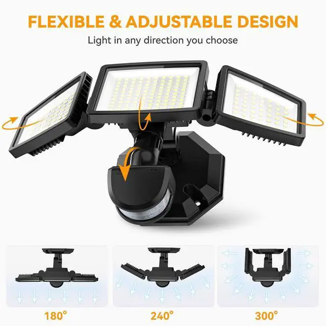 Alt view image 2 of 7 - LED Security Lights Motion Sensor Light Outdoor, 7000LM, 6500K, Waterproof, Flood Light Outdoor Motion Detector with Adjustable 3 Head, Hardwired Wall Light for Entryway, Yard, Garage