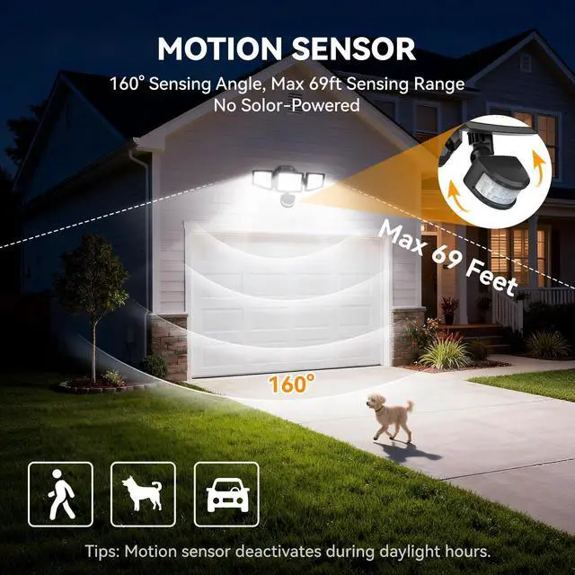 Alt view image 3 of 7 - LED Security Lights Motion Sensor Light Outdoor, 7000LM, 6500K, Waterproof, Flood Light Outdoor Motion Detector with Adjustable 3 Head, Hardwired Wall Light for Entryway, Yard, Garage