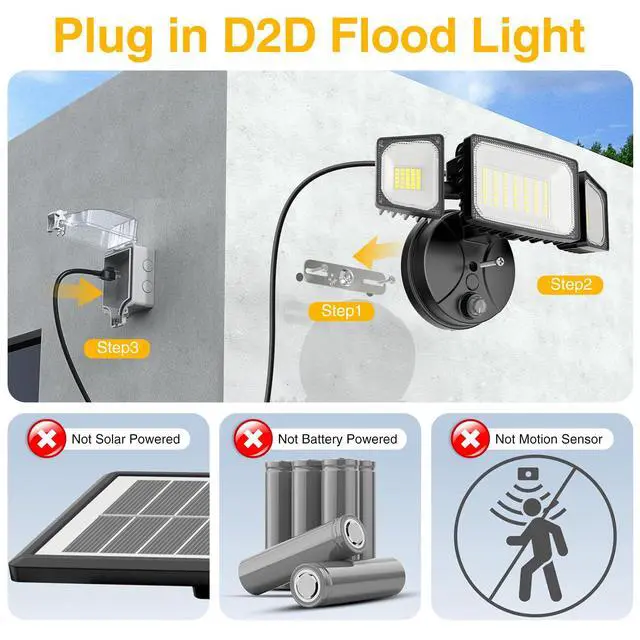 Alt view image 2 of 7 - 80W Dusk to Dawn Outdoor Lighting,Plug in LED Flood Lights,Black Outdoor Lights with Remote,8000LM Security Light,IP66 Waterproof Lighting,2Modes 3 Adjustable Heads Light for Garage Yard