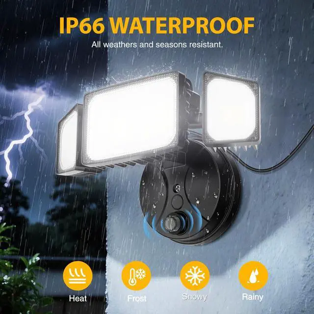 Alt view image 6 of 7 - 80W Dusk to Dawn Outdoor Lighting,Plug in LED Flood Lights,Black Outdoor Lights with Remote,8000LM Security Light,IP66 Waterproof Lighting,2Modes 3 Adjustable Heads Light for Garage Yard
