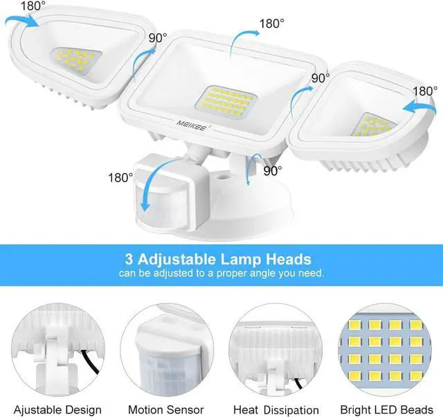 Alt view image 2 of 7 - 42W LED Security Lights Motion Sensor Light Outdoor Flood Light, 3600LM 6500K IP66 Waterproof, 3 Adjustable Heads Motion Detector Lights for Outside Garage Yard Garden Porch Entryways