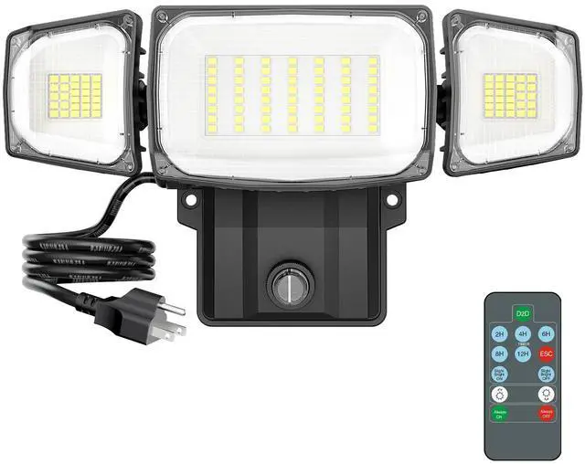 Main image of 80W Plug in Flood Lights Dusk to Dawn Outdoor Lighting, 8000LM Exterior LED Security Light with Remote, IP65 Waterproof, 6500K 3 Adjustable Heads Photocell Light for Yard Garage Black