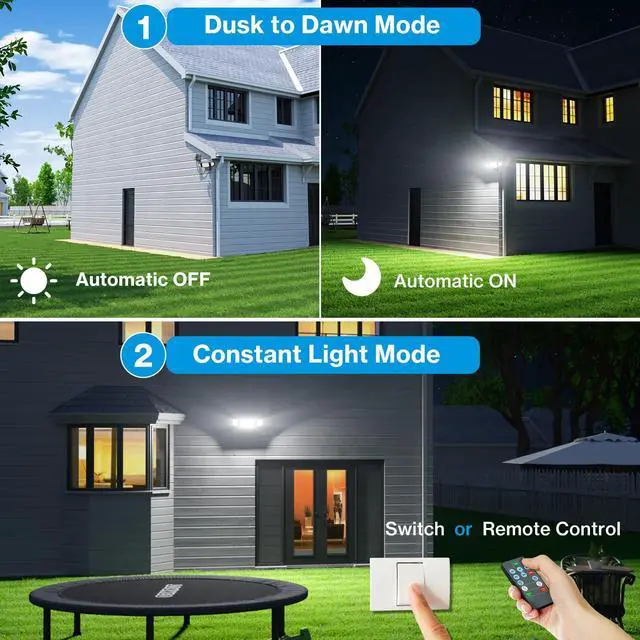 Alt view image 2 of 7 - 80W Plug in Flood Lights Dusk to Dawn Outdoor Lighting, 8000LM Exterior LED Security Light with Remote, IP65 Waterproof, 6500K 3 Adjustable Heads Photocell Light for Yard Garage Black