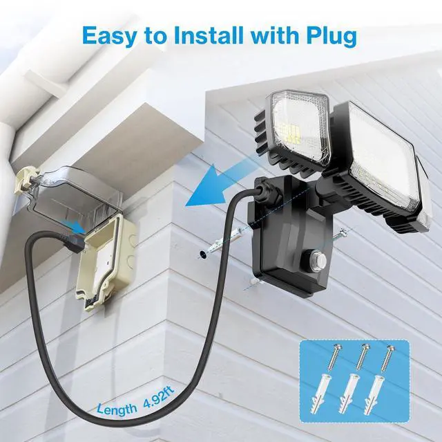 Alt view image 3 of 7 - 80W Plug in Flood Lights Dusk to Dawn Outdoor Lighting, 8000LM Exterior LED Security Light with Remote, IP65 Waterproof, 6500K 3 Adjustable Heads Photocell Light for Yard Garage Black