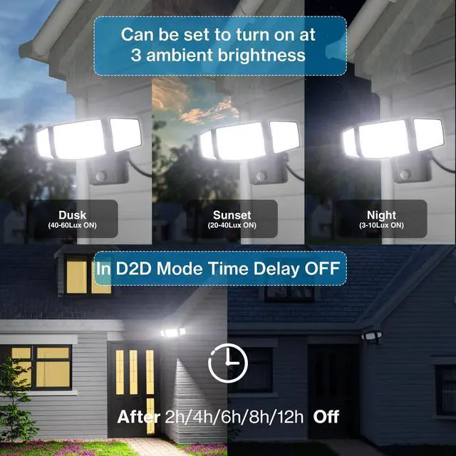 Alt view image 4 of 7 - 80W Plug in Flood Lights Dusk to Dawn Outdoor Lighting, 8000LM Exterior LED Security Light with Remote, IP65 Waterproof, 6500K 3 Adjustable Heads Photocell Light for Yard Garage Black