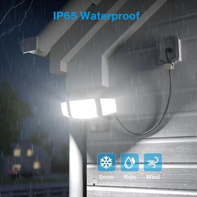 Alt view image 5 of 7 - 80W Plug in Flood Lights Dusk to Dawn Outdoor Lighting, 8000LM Exterior LED Security Light with Remote, IP65 Waterproof, 6500K 3 Adjustable Heads Photocell Light for Yard Garage Black