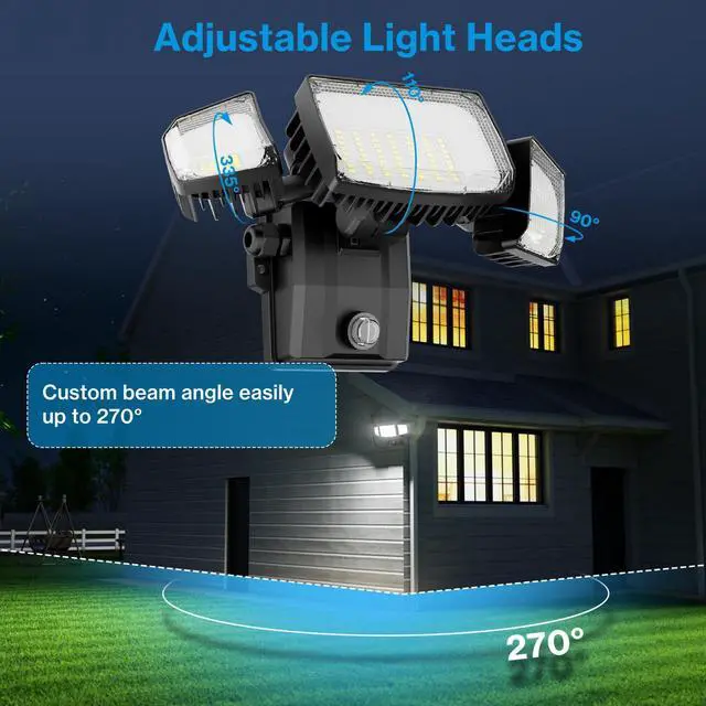 Alt view image 6 of 7 - 80W Plug in Flood Lights Dusk to Dawn Outdoor Lighting, 8000LM Exterior LED Security Light with Remote, IP65 Waterproof, 6500K 3 Adjustable Heads Photocell Light for Yard Garage Black