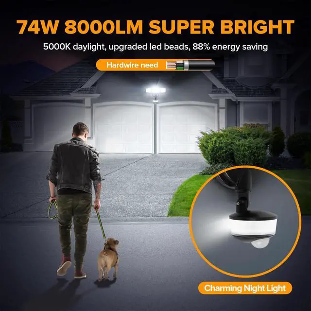 Alt view image 2 of 7 - 74W 8000 Lumen Motion Sensor Outdoor Lights, 5000K Daylight, IP65 Waterproof Flood Lights Outdoor with Night Light, Dusk to Dawn Motion Detector LED Security Light for Outside Garage, Yard-Black