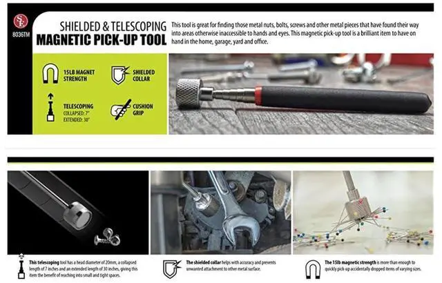 Alt view image 6 of 7 - 30-inch Telescoping Magnetic Pick-Up Tool, Extendable Magnetic Wand Pickup Tool for Mechanics, Household, Office & Industry, Stainless Steel, Black Handle