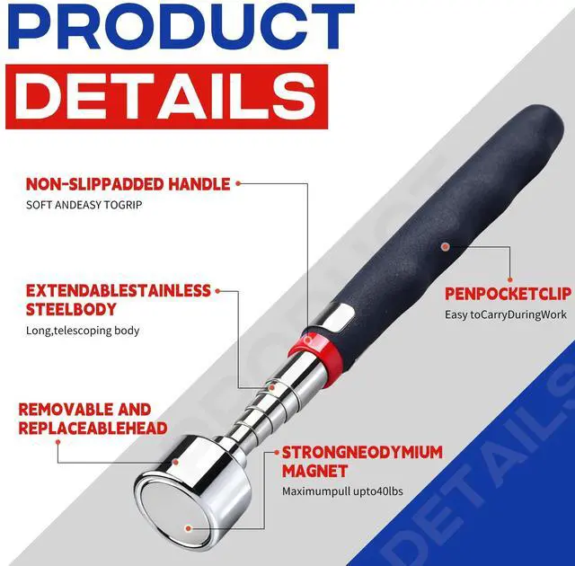 Alt view image 3 of 6 - Telescoping Magnetic Pickup Tool with 20lb Pull Force, 30in Strong Telescopic Magnet Stick, Non-Slip Extendable Magnetic Pick Up Tools, Gifts for Men Women Birthday Father's Day