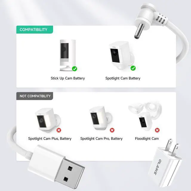 Alt view image 5 of 7 - 5m/16ft Charge Cable with DC Power Adapter Compatible with Ring Stick Up Cam Battery 3rd Gen/2nd Gen/Plug-in, Weatherproof Cable to Continuously Charge Your Camera,White