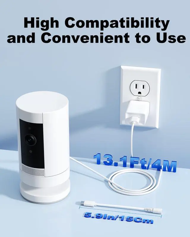 Alt view image 6 of 7 - Power Adapter Compatible with Ring Stick Up Cam Battery/Plug-in 3rd Gen/2nd Gen & Ring Pan Tilt Stick Up Camera, Indoor/Outdoor Charger Weatherproof Power Cord, 4M/13.1Ft Long