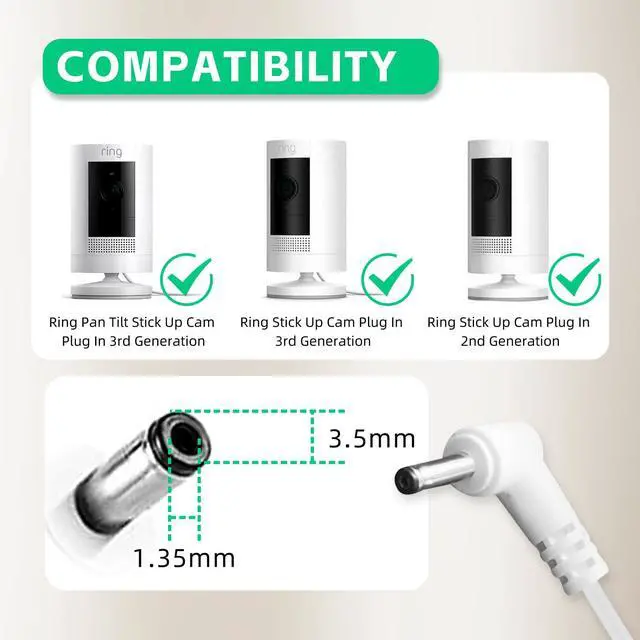 Alt view image 2 of 5 - 13.1 ft Power Adapter Charger for Ring Stick Up Cam Plug in, Ring Pan Tilt Stick Up Cam, Spotlight Cam/Cam Pro Plug-in Camera Charging Cable Cord Replacement