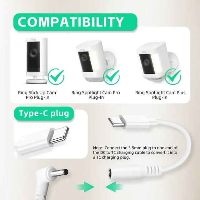 Alt view image 3 of 5 - 13.1 ft Power Adapter Charger for Ring Stick Up Cam Plug in, Ring Pan Tilt Stick Up Cam, Spotlight Cam/Cam Pro Plug-in Camera Charging Cable Cord Replacement