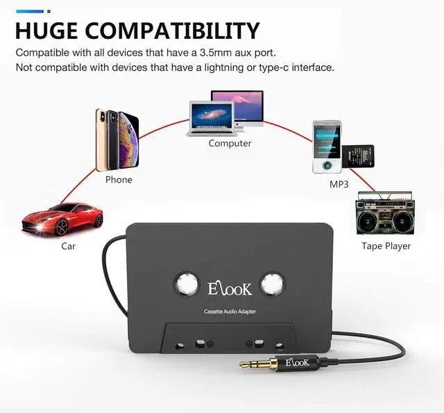 Alt view image 3 of 6 - Car Cassette Aux Adapter, 3.5mm Universal Audio Cable Tape Adapter for Car, Phone, MP3 ect. (Black)