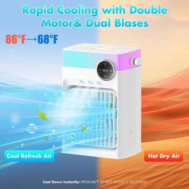 Alt view image 3 of 7 - Portable Air Conditioners, Mini AC Unit Cooling Fan for Bedroom,1200ML Small Air Cooler Fans with Remote, 3 Mist,3 Speed,8 Light,2-8H Timer Personal AC Portable for Office Camping Car Desk (White)