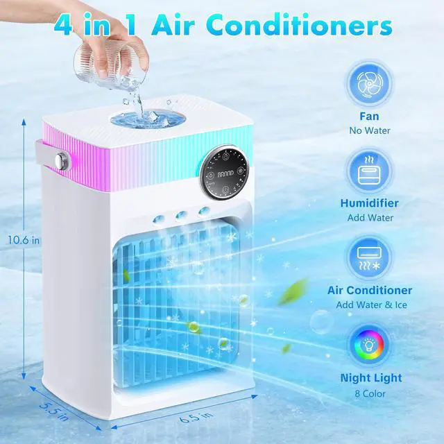 Alt view image 2 of 7 - Portable Air Conditioners, Mini AC Unit Cooling Fan for Bedroom,1200ML Small Air Cooler Fans with Remote, 3 Mist,3 Speed,8 Light,2-8H Timer Personal AC Portable for Office Camping Car Desk (White)