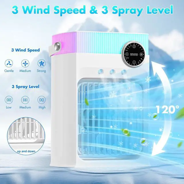 Alt view image 4 of 7 - Portable Air Conditioners, Mini AC Unit Cooling Fan for Bedroom,1200ML Small Air Cooler Fans with Remote, 3 Mist,3 Speed,8 Light,2-8H Timer Personal AC Portable for Office Camping Car Desk (White)