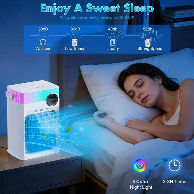 Alt view image 6 of 7 - Portable Air Conditioners, Mini AC Unit Cooling Fan for Bedroom,1200ML Small Air Cooler Fans with Remote, 3 Mist,3 Speed,8 Light,2-8H Timer Personal AC Portable for Office Camping Car Desk (White)