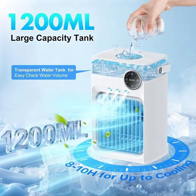 Alt view image 7 of 7 - Portable Air Conditioners, Mini AC Unit Cooling Fan for Bedroom,1200ML Small Air Cooler Fans with Remote, 3 Mist,3 Speed,8 Light,2-8H Timer Personal AC Portable for Office Camping Car Desk (White)