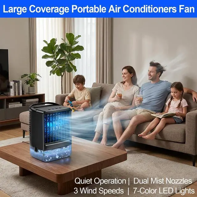 Alt view image 2 of 7 - Portable Air Conditioners Fan - Portable AC Small Personal Air Cooler, Quiet Mini Mobile Cooling Fan with Handle,2/4H Timer 3 Speeds,Desk Air Conditioner with 7 Color for Home Bedroom Office Outdoor