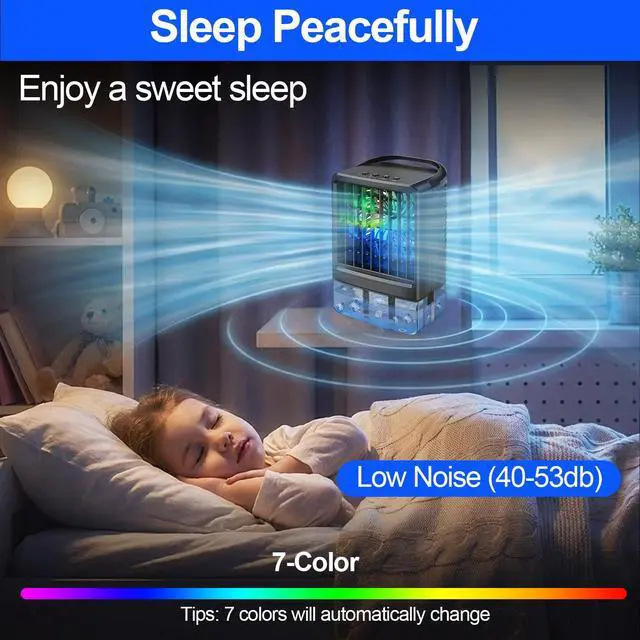 Alt view image 6 of 7 - Portable Air Conditioners Fan - Portable AC Small Personal Air Cooler, Quiet Mini Mobile Cooling Fan with Handle,2/4H Timer 3 Speeds,Desk Air Conditioner with 7 Color for Home Bedroom Office Outdoor
