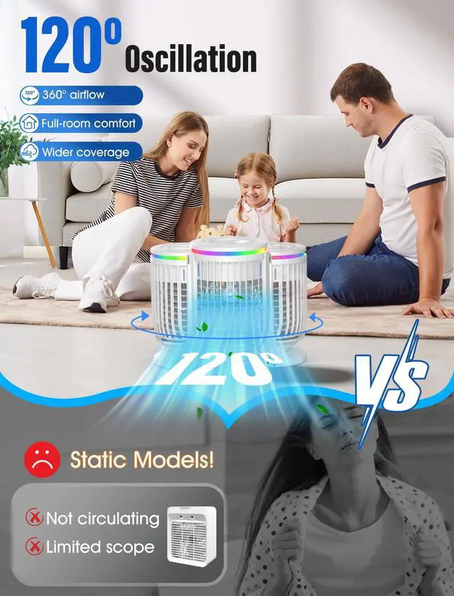 Alt view image 3 of 7 - Portable Air Conditioners,Personal Mini Air Conditioner Fan with 1200ml Water Tank,4 in 1 Evaporative Air Cooler Cooling Fan with 2 Modes,3 Speeds,7 Night Lights, Portable AC for Bedroom, Office, Desk