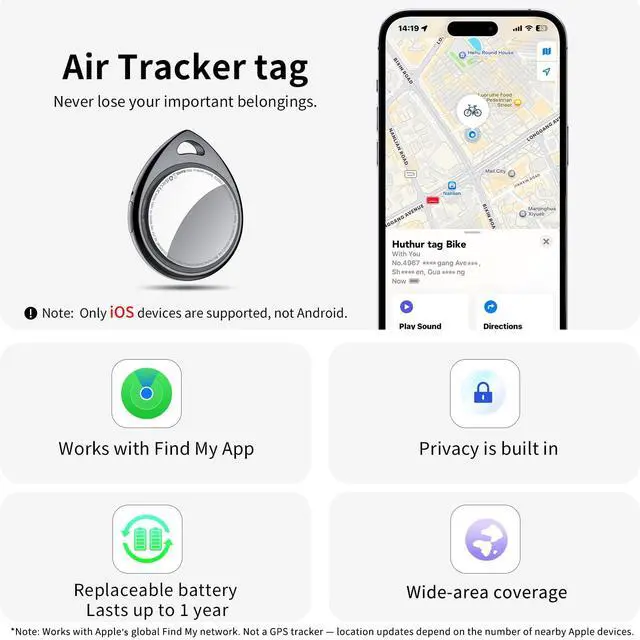 Alt view image 2 of 7 - Air Tracker Tags-4 Pack, 5.3 Bluetooth Tracker Work with Apple Find My (iOS Only), 100dB Sound, Smart Tag with Keychain/Lanyard, Item Finder for Luggage/Key/Suitcase, Replaceable Battery, Black