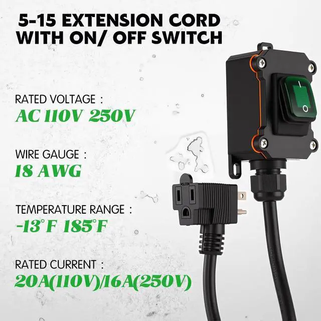 Alt view image 2 of 7 - Inline Switch Extension Cord 14awg 3-Prong Piggyback Plug, Ip67 Waterproof Extension Cord with Switch On/Off, Ac/dc 20a-125v with Green LED Outdoor Rocker, Etl Listed(Black,6.6ft,18awg)