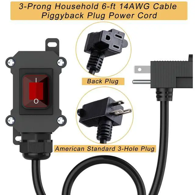 Alt view image 2 of 6 - Inline Cord Switch with 6ft 14AWG Cable Piggyback Plug(3-Pronged), IP67 Waterproof Extension Cord with Red LED Rocker Button, AC/DC 20A-125V, 16A-250V Inline Power Switch (6FT)