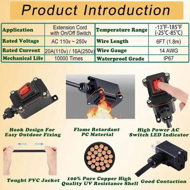 Alt view image 6 of 6 - Inline Cord Switch with 6ft 14AWG Cable Piggyback Plug(3-Pronged), IP67 Waterproof Extension Cord with Red LED Rocker Button, AC/DC 20A-125V, 16A-250V Inline Power Switch (6FT)