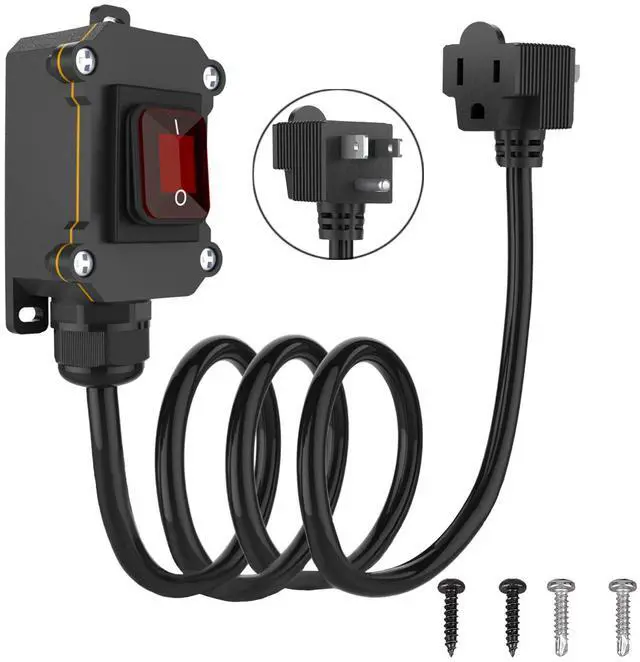 Main image of Inline Cord Switch with 10-ft 14AWG Cable Piggyback Plug(3-Pronged), IP67 Waterproof Extension Cord, AC/DC 20A-125V,16A-250V Inline Power Switch with Red LED Rocker Button