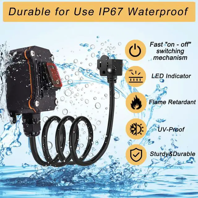 Alt view image 4 of 7 - Inline Cord Switch with 10-ft 14AWG Cable Piggyback Plug(3-Pronged), IP67 Waterproof Extension Cord, AC/DC 20A-125V,16A-250V Inline Power Switch with Red LED Rocker Button