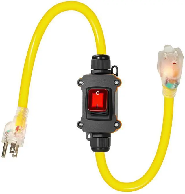 Main image of Heavy Duty Extension Cord with On/Off Switch, Outdoor Waterproof Inline Power Switch (Hook Mount, LED Indicator), All-UL Listed (Plug/Switch/Cable), 14/3 AWG STJW, 125V/15A/1875W, 3-Pronged, 3FT