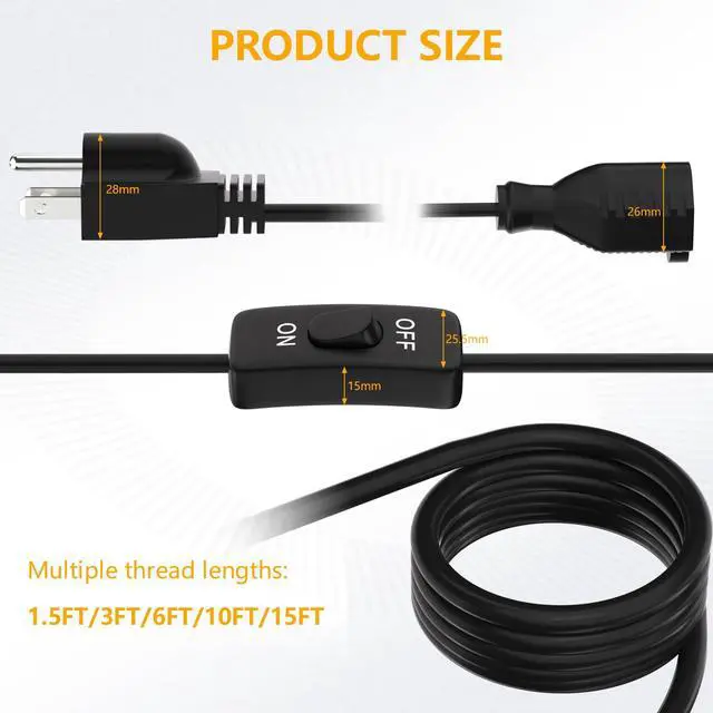 Alt view image 2 of 6 - Extension Cord with Switch 3-Prong Indoor Black Extension Cord,18AWG Control Switch ON/Off 3A 125V NEMA 5-15R Grounded Plug Receptacle.3FT Black